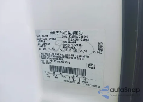 2004 Ford F-150 Fx4/Lariat/Xl/Xlt z USA, uszkodzony, nr VIN 1FTPX14534NC45552